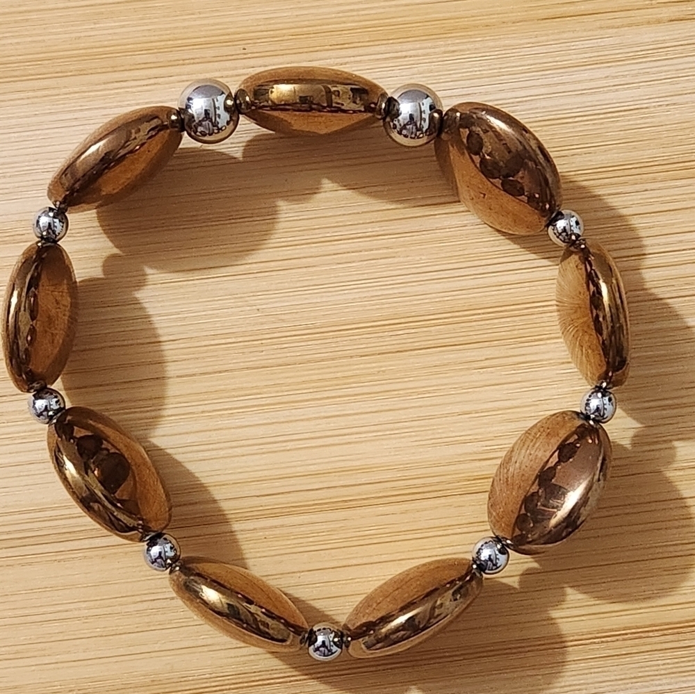 Hand Crafted Metallic Bronze and Silver Beaded Stretch Bracelet